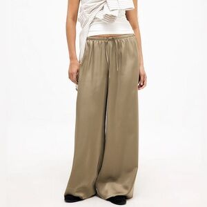 NA-KD Satin Wide-Leg Drawstring Pants in Beige / Gold